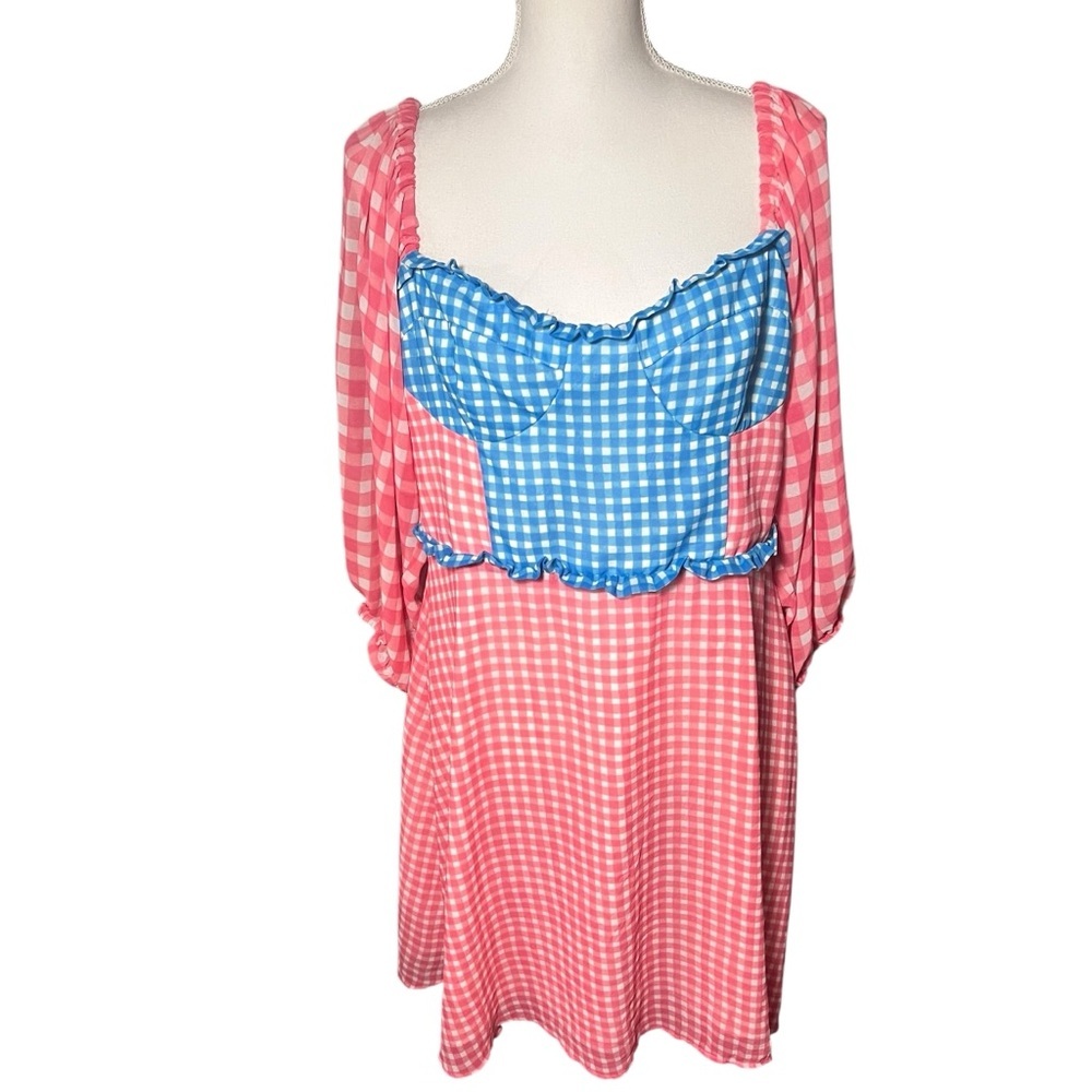Slate & Willow Gingham Mini Dress Pink & Blue Lined Ruffle Detail Size 14 Flirty - Picture 2 of 16